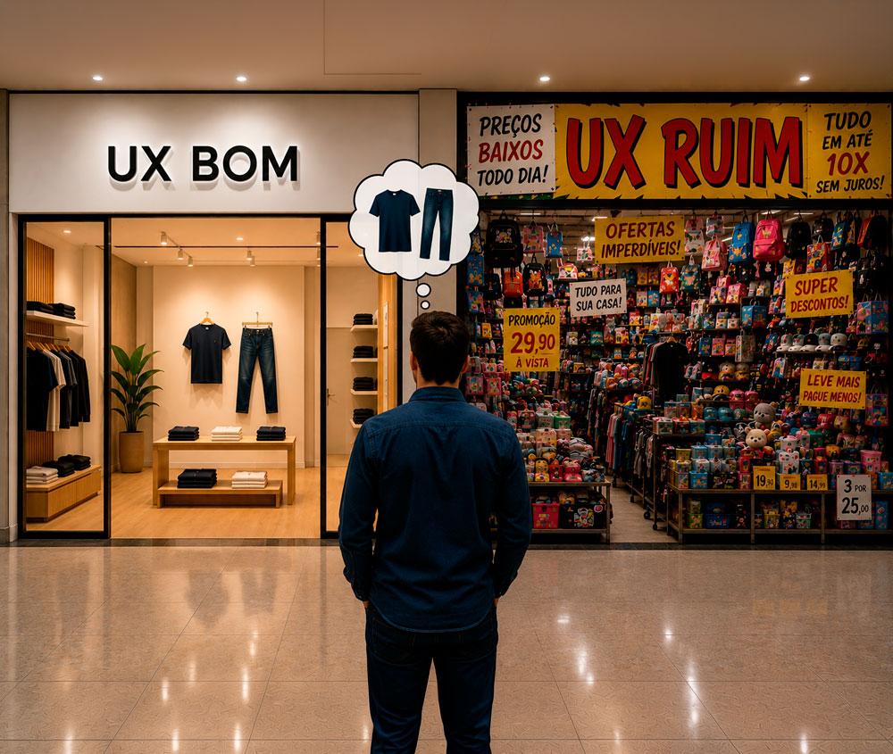 Comparação visual entre uma experiência do usuário boa e uma experiência ruim